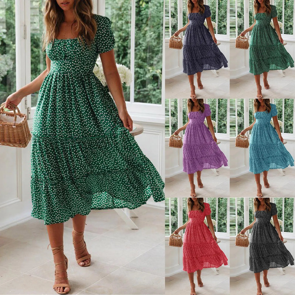 Women'S Summer Dress Fragmented Flower Flare Short Sleeve Casual Flowy Midi Dresses Elegant Temperament Party Vestidos 2024 Hot