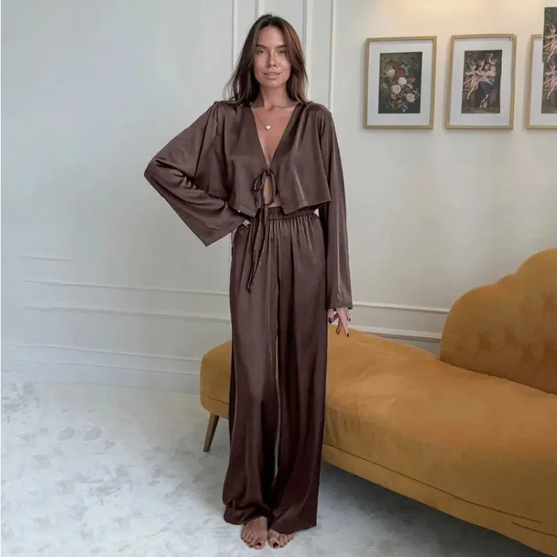 2026 New Women's Home Clothes Open Cardigan Belted Sleepwear Loose Long Sleeve Long Pant Smooth Comfort Spring Street Style