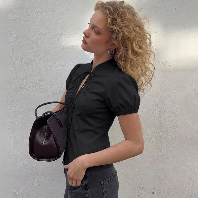 FDYOUI Fashion Stand Collar Lace-up Hollow Out T-shirts Women Chic Short Sleeve Single Breasted Crop Top Folds Solid Tee Shirt