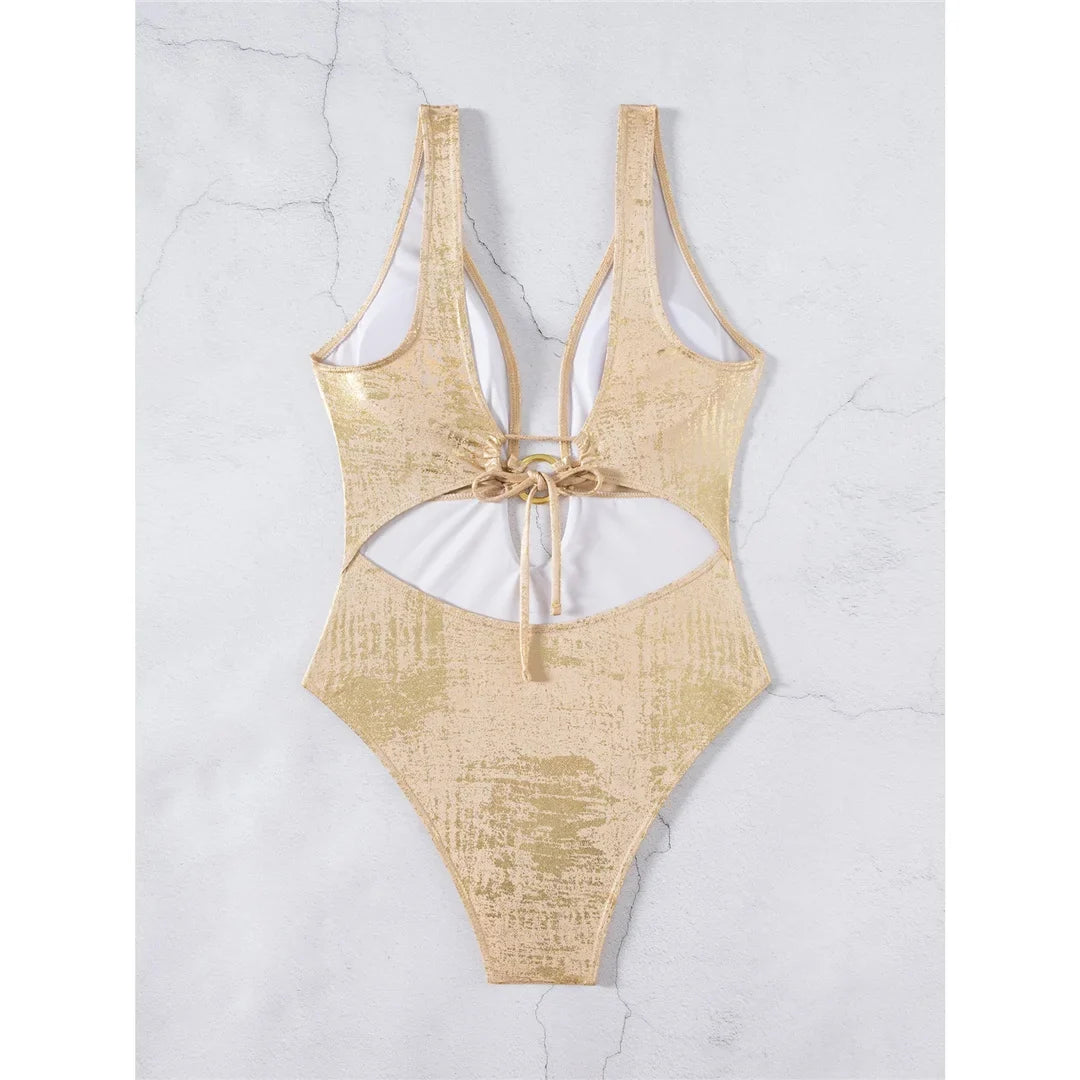 Sexy Golden Deep V Neck High Cut Leg Backless One Piece Swimsuit Women Swimwear Female Monokini Bather Bathing Suit Swim V6690