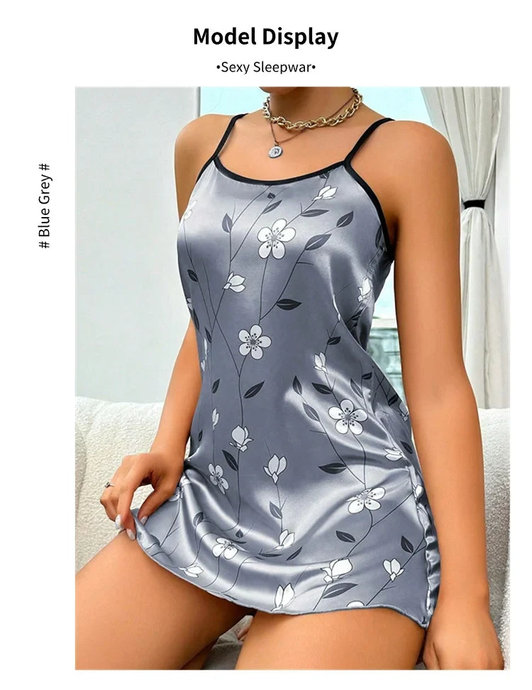 Women's Sleepwear Summer Floral Print Satin Nightgown Casual Sleeveless Backless Slip Night Dress Sexy Nightdress Home Clothes