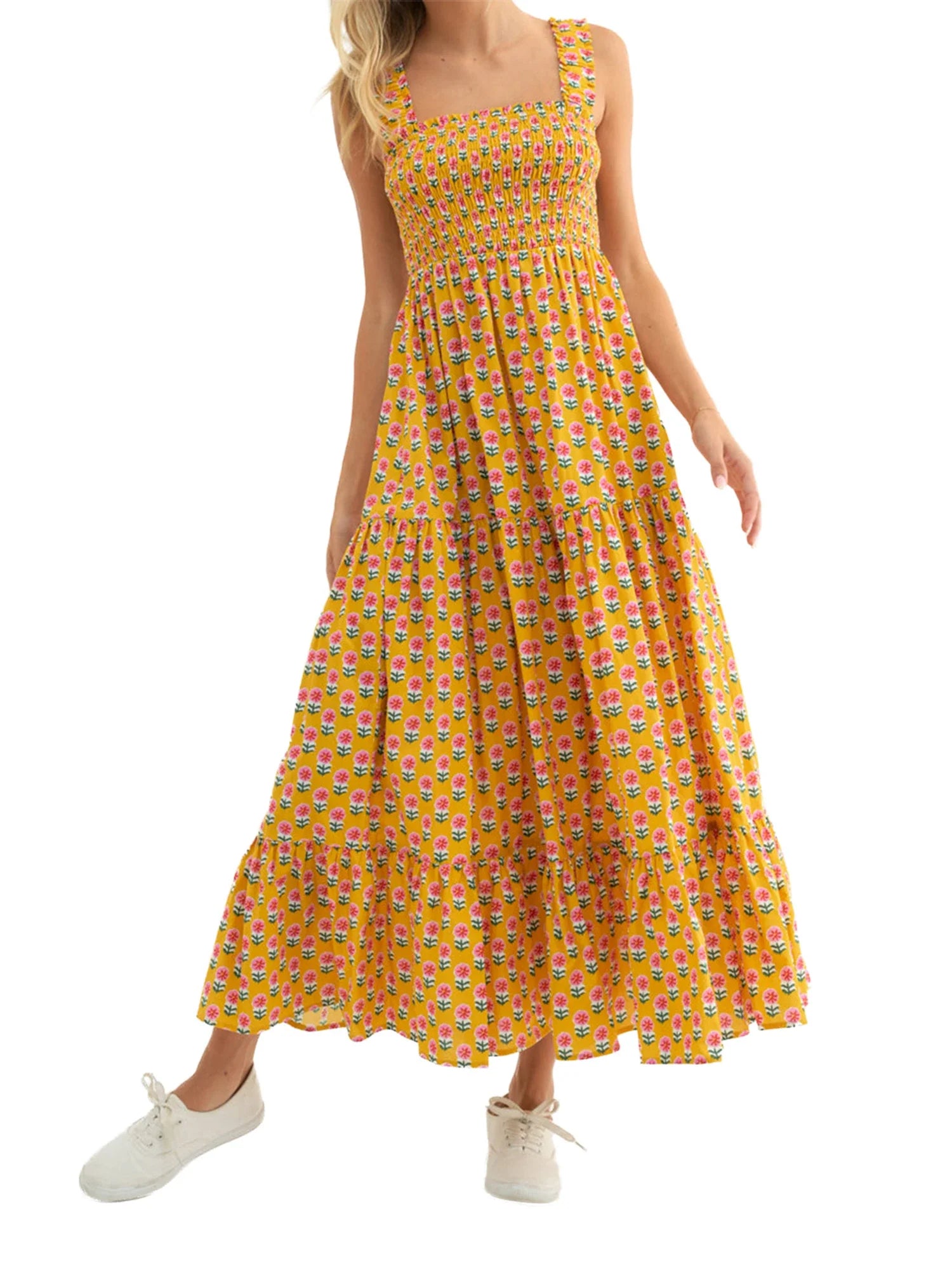 Women Summer Bohemian Floral Print Sundress Smocked Square Neck Sleeveless Backless A-line Long Tiered Ruffle Dress with Pockets