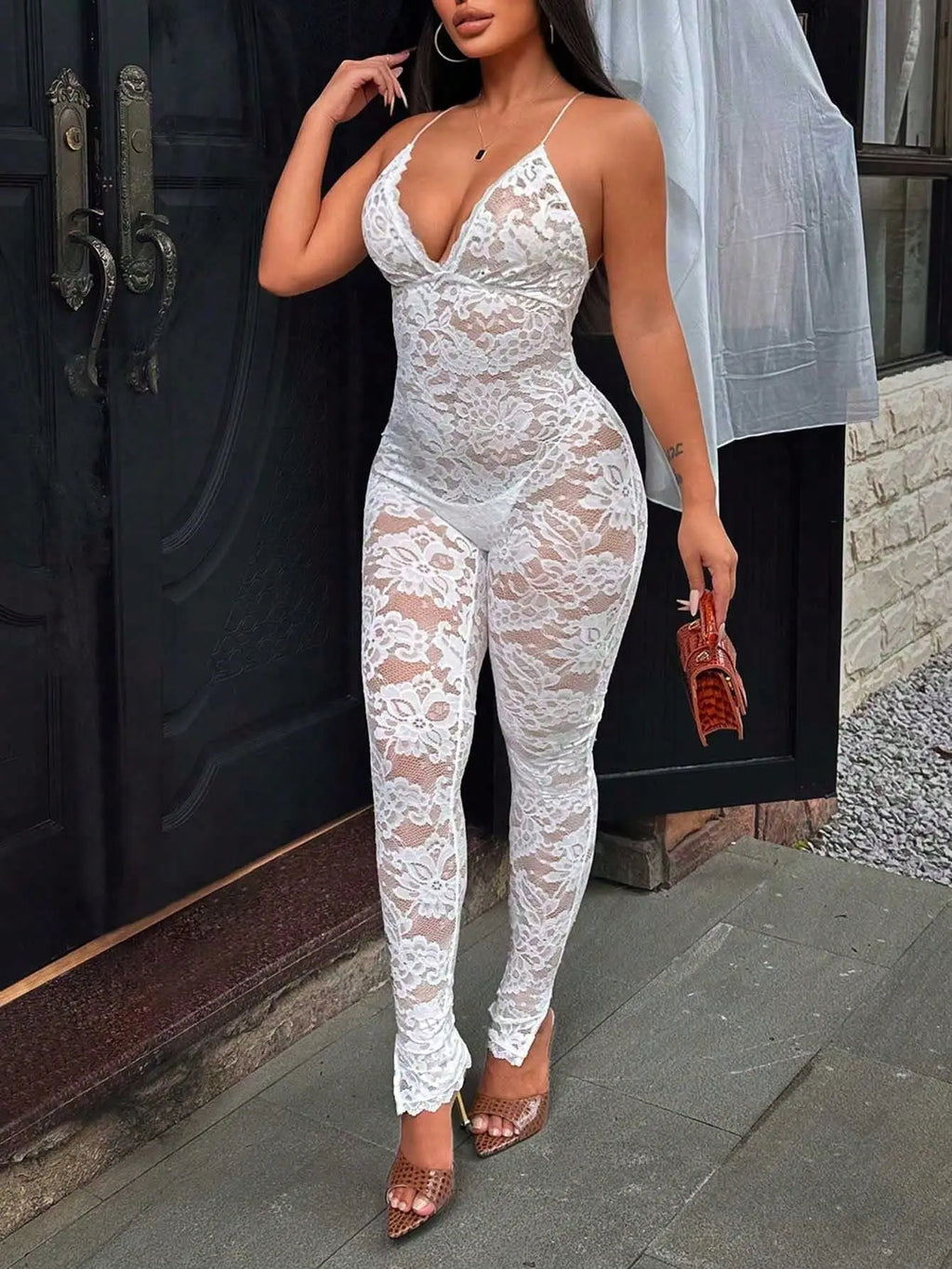 Women Floral Lace Sheer Bodycon Jumpsuit Spaghetti Strap Deep V Neck Backless See Through Slim Long Pants Romper Party Clubwear