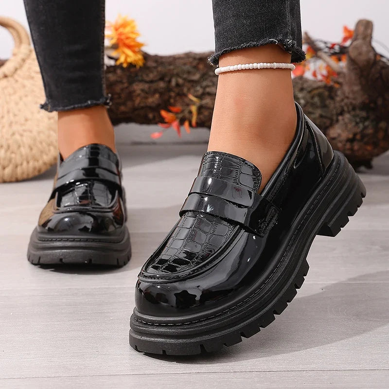 Patent Leather Chunky Platform Loafers Women British Style Plus Size 43 Thick Heel Pumps Woman Slip On Round Toe Oxford Shoes