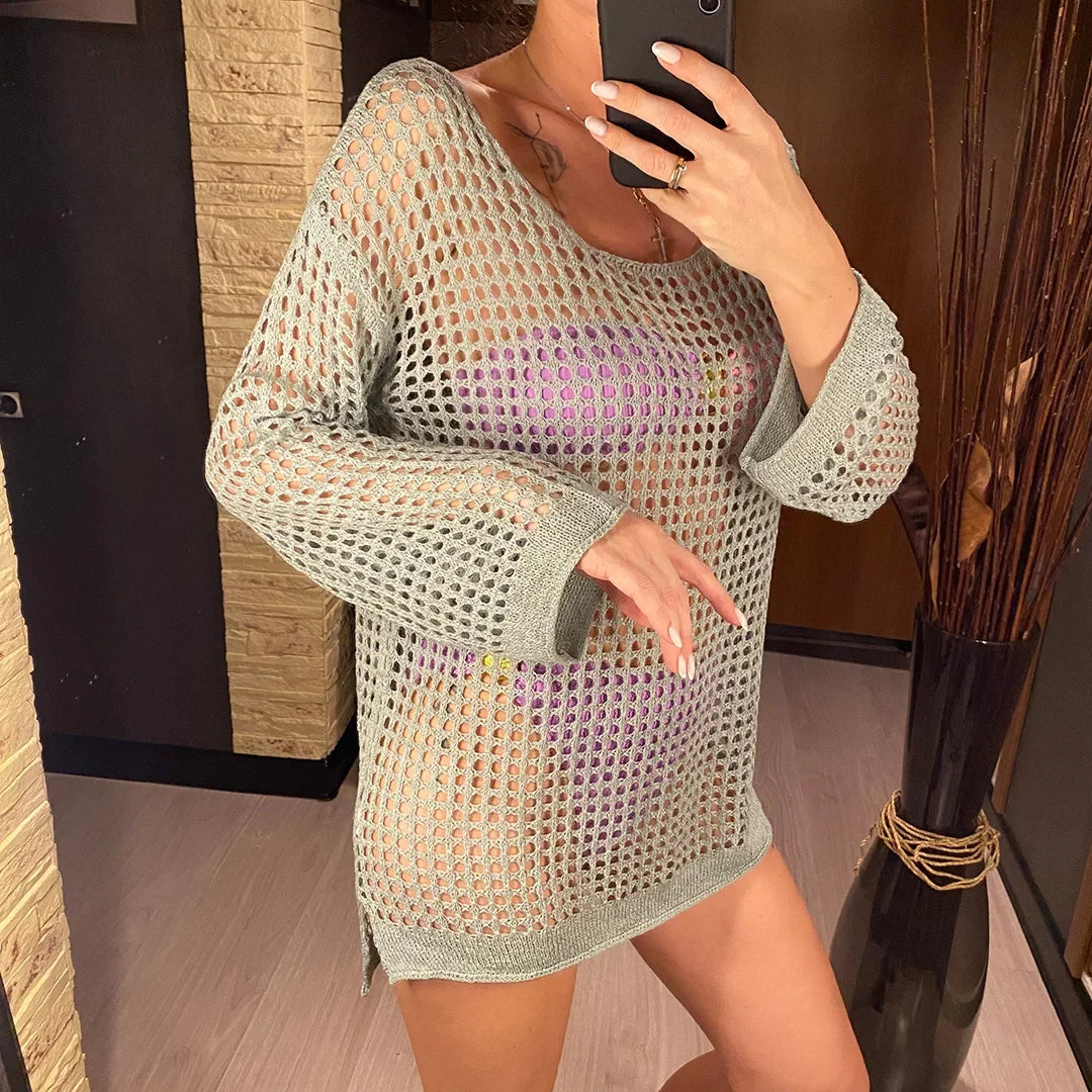 Long Sleeve Hollow Out Top Crochet Knitted Tunic Beach Cover Up Cover-ups Beach Dress Beach Wear Beachwear Female Women V4250