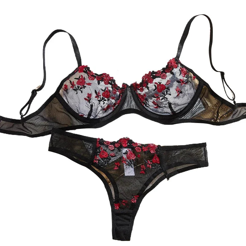 Fairy Bra Set Women Bralette 2-Piece Underwear Sets Floral Embroidery Steel Ring Bra And Panty Set