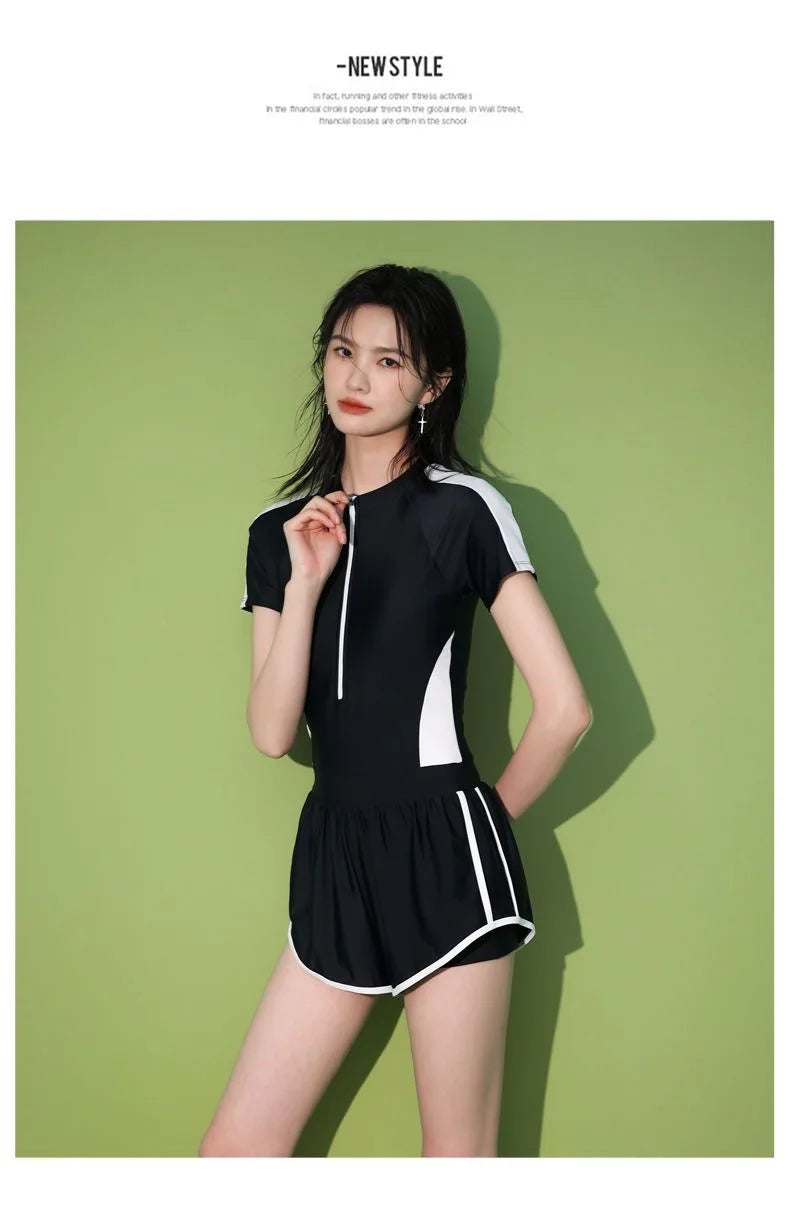 New Women's Swimsuit, One-piece Coverage Slimming Effect  Conservative Sports Style Hot Spring Flat Leg Pants Swimsuit Plus Size
