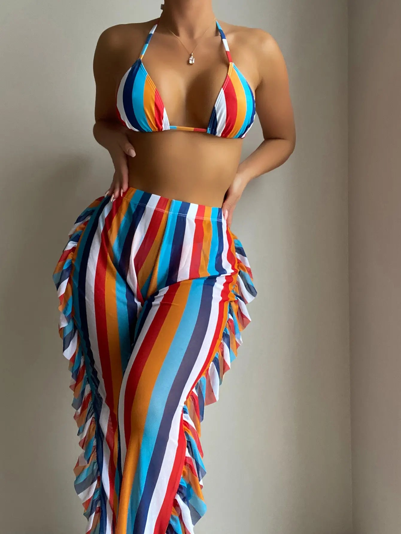 3 Pieces Striped Triangle Bikini Set Swimsuit & Ruffle Pants Swimwear Women 2026 Bathing Suit Female Swimming Summer Beachwear
