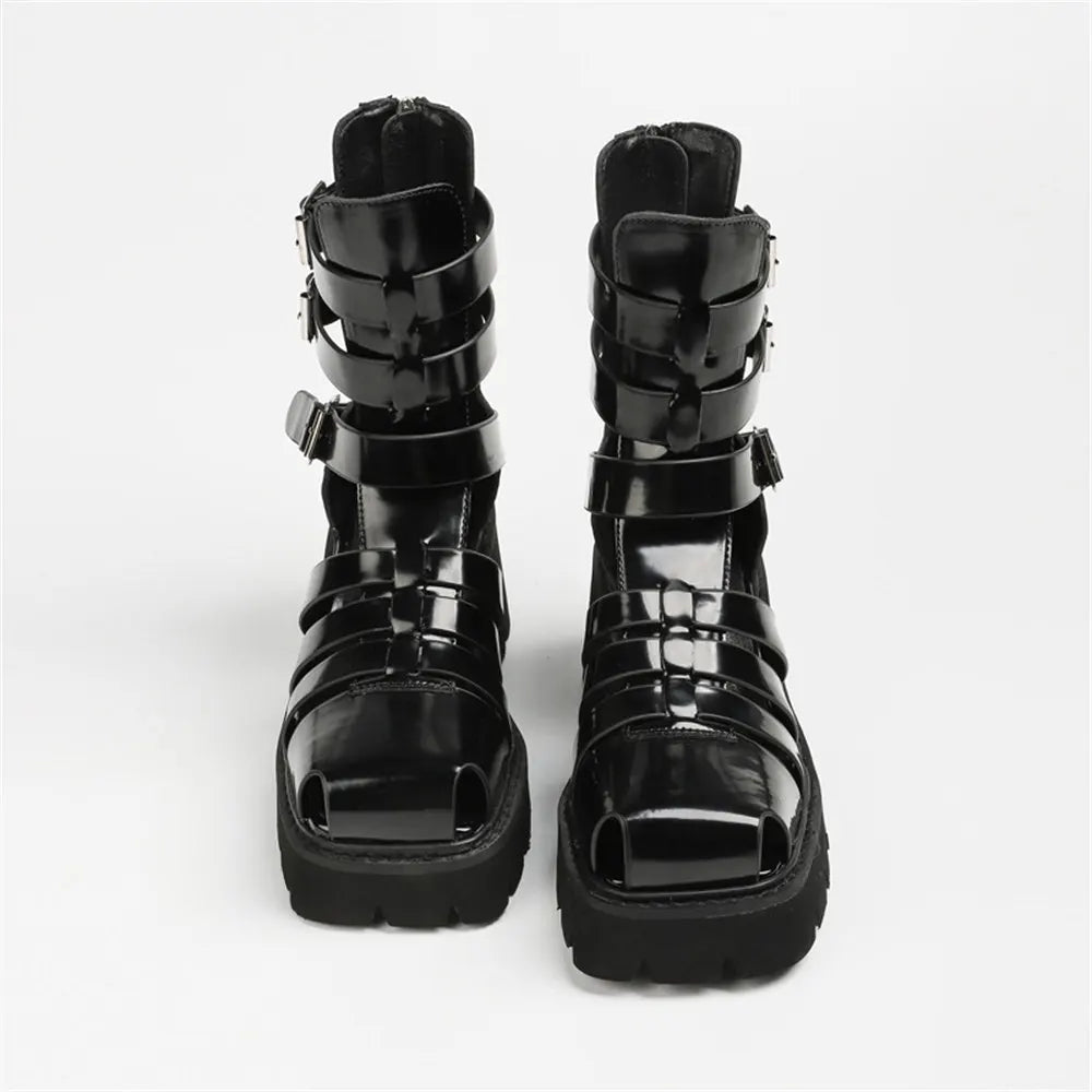 2025 Brand Fashion Women's Black Summer Gladiator Sandals Fashion Leisure Square Heels Casual Platform Shoes Big Size 43
