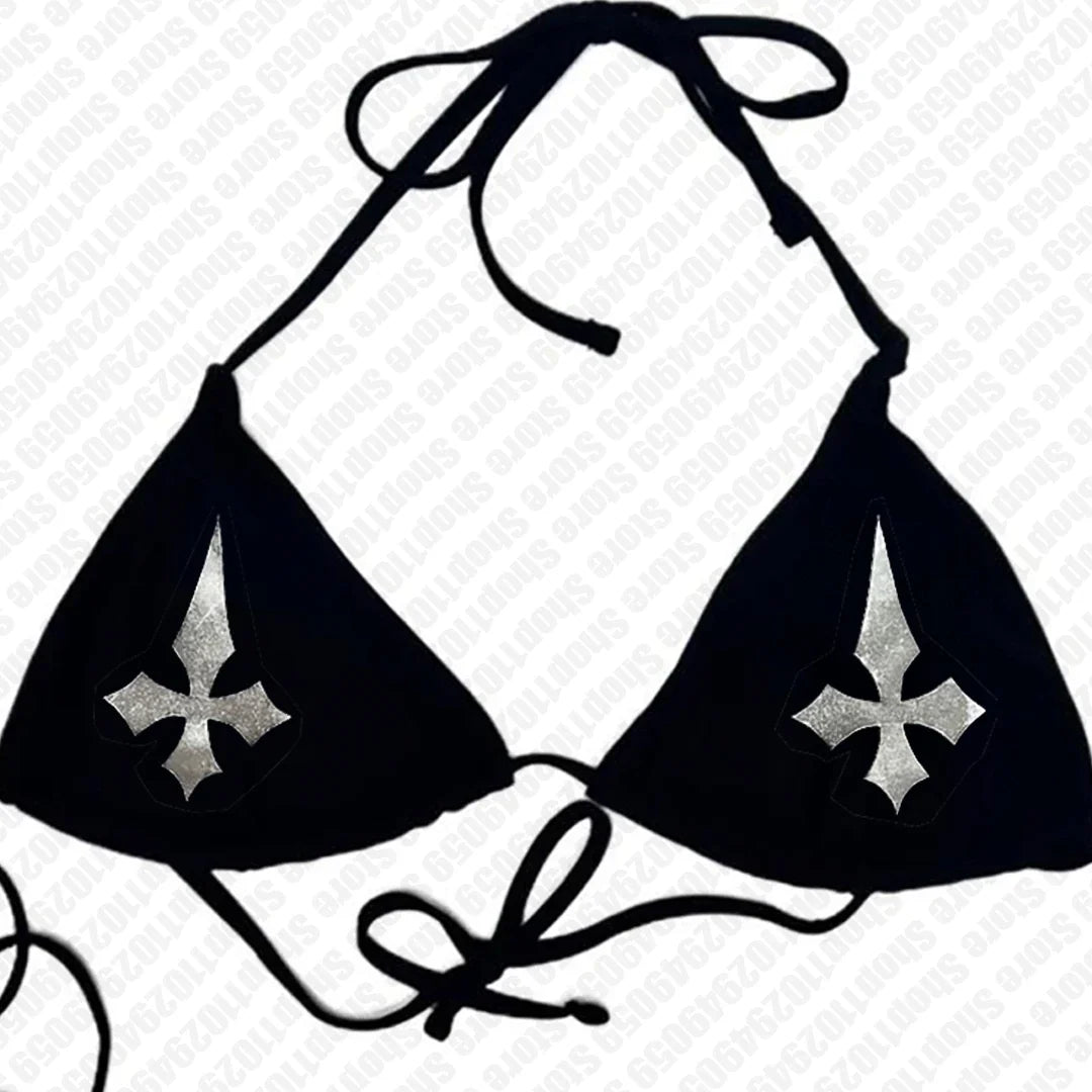 Punk Gothic Fashion Women Swimwear 2000s Emo Girls Y2k Style Cross Print Bikini Set Sexy Thong Swimsuit Two Pieces Bathing Suit