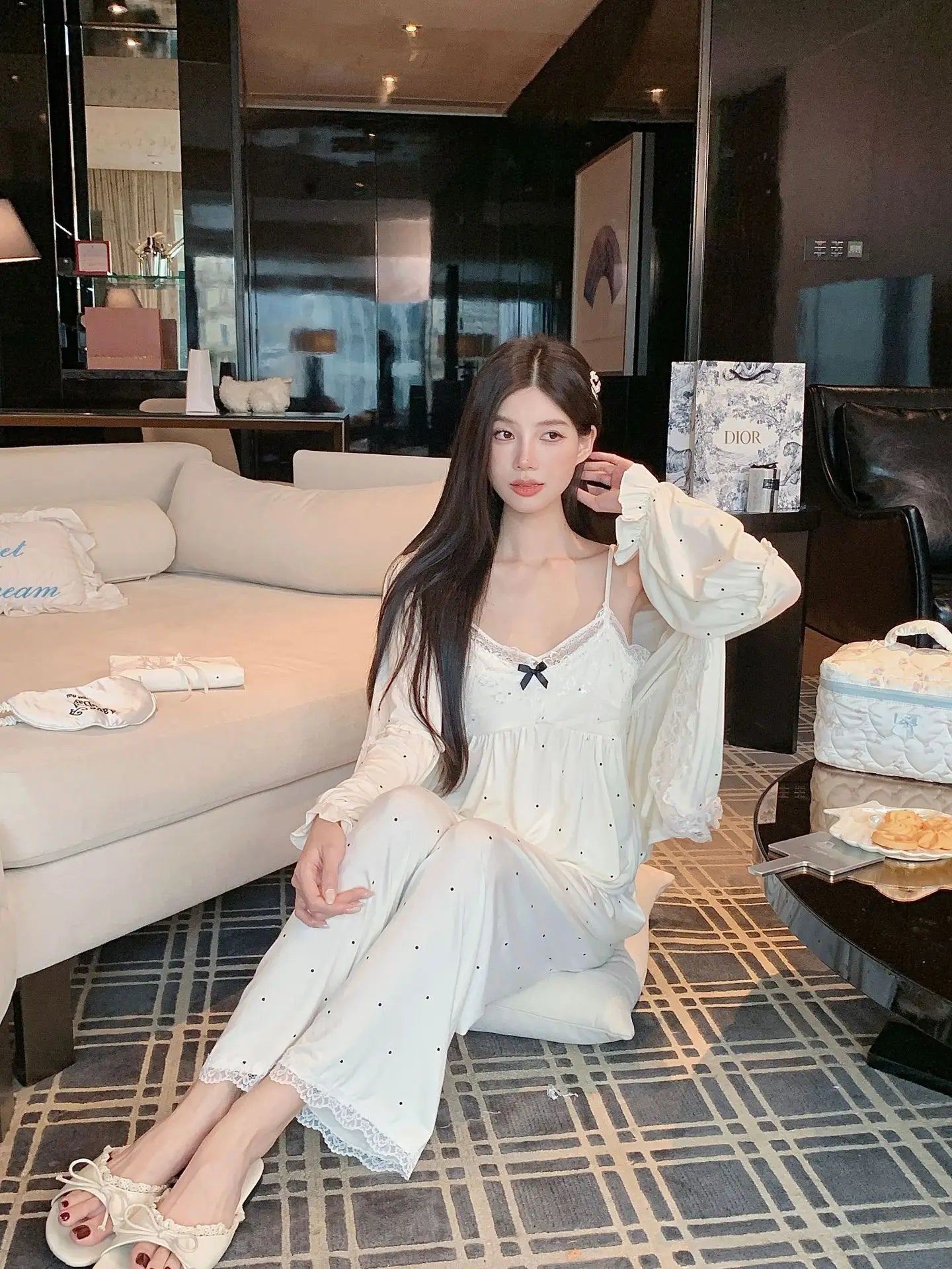 Women's spring and summer modal pajamas, comfortable three-piece home wear set with chest pad