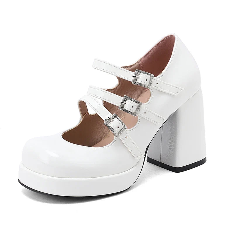 Plus Size Women Red Patent Leather Platform Mary Jane Shoes 3 Rhinestone Buckle Straps Chunky Block  Y2K Lolita Party Pumps