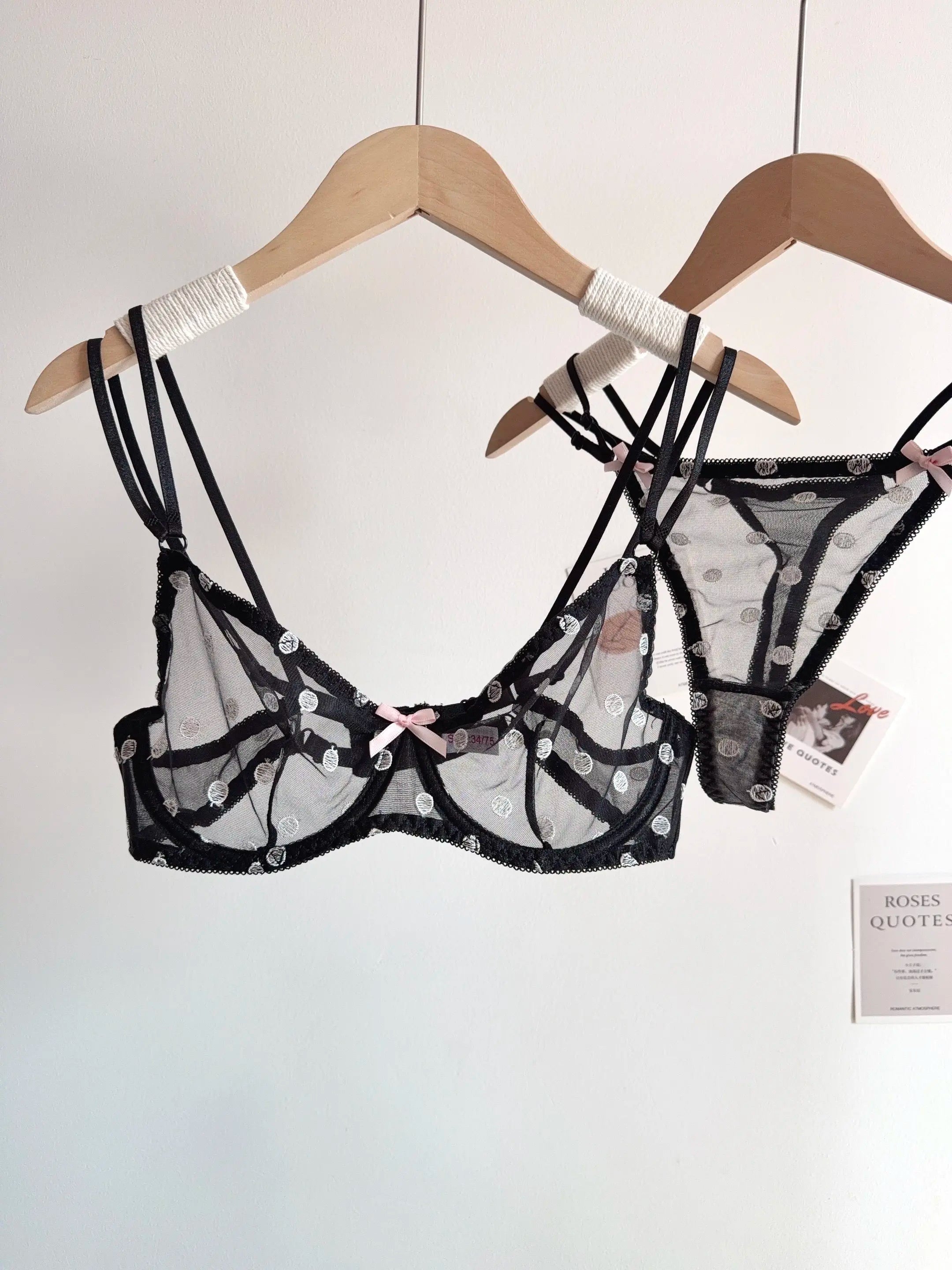 French Style Lace Underwear Set | Sexy Dotted Mesh Bra & Thong for Large Bust, Ultra Thin Slimming Anti Sag Lingerie MOYISU S-XL
