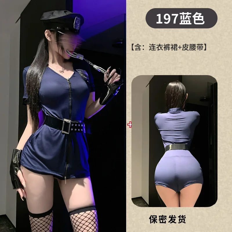 Sexy Cosplay Policewoman Midnight Uniform SM Zipper Bodysuits Solid Color Deep V Short Sleeved Wrap Hip Bodysuits Charming K0JQ