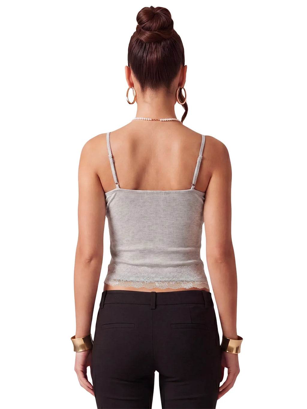 Women's Summer Solid Color Slim Fit Camisoles Spaghetti Strap Stylish Lace Trim Crop Tops