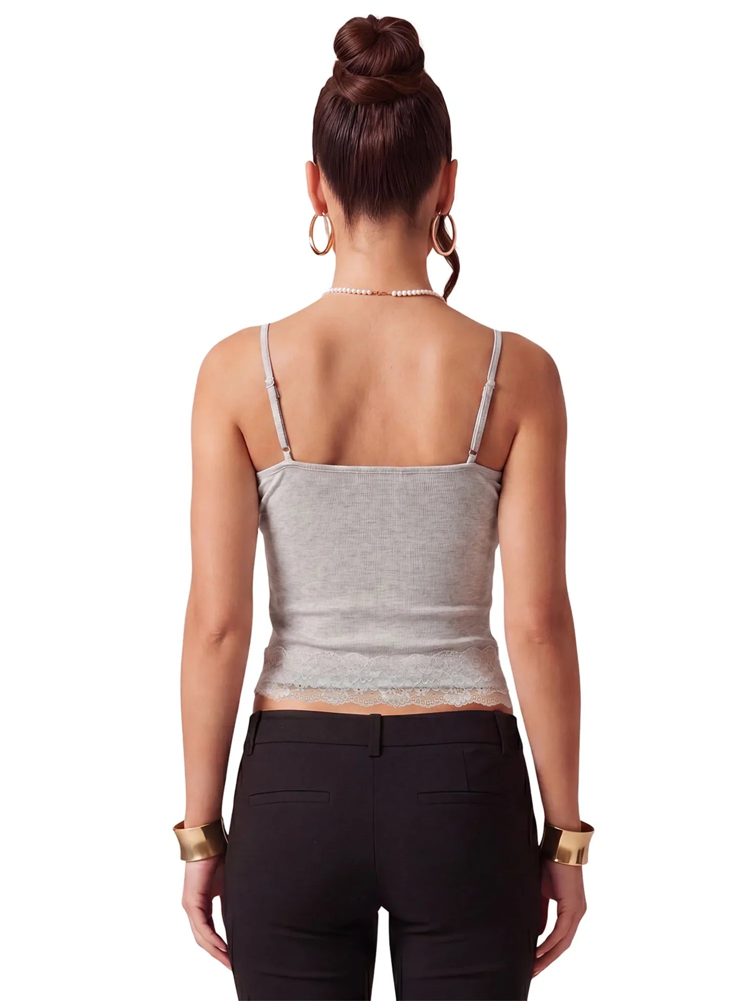 Women's Summer Solid Color Slim Fit Camisoles Spaghetti Strap Stylish Lace Trim Crop Tops
