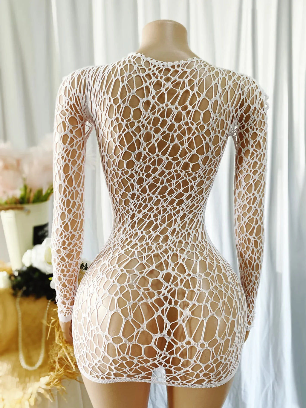 Women Sheer Mesh Long Sleeve Beach Cover Up, Sexy See-Through Fishnet Dress, Solid Bodycon  For Summer Beach Party