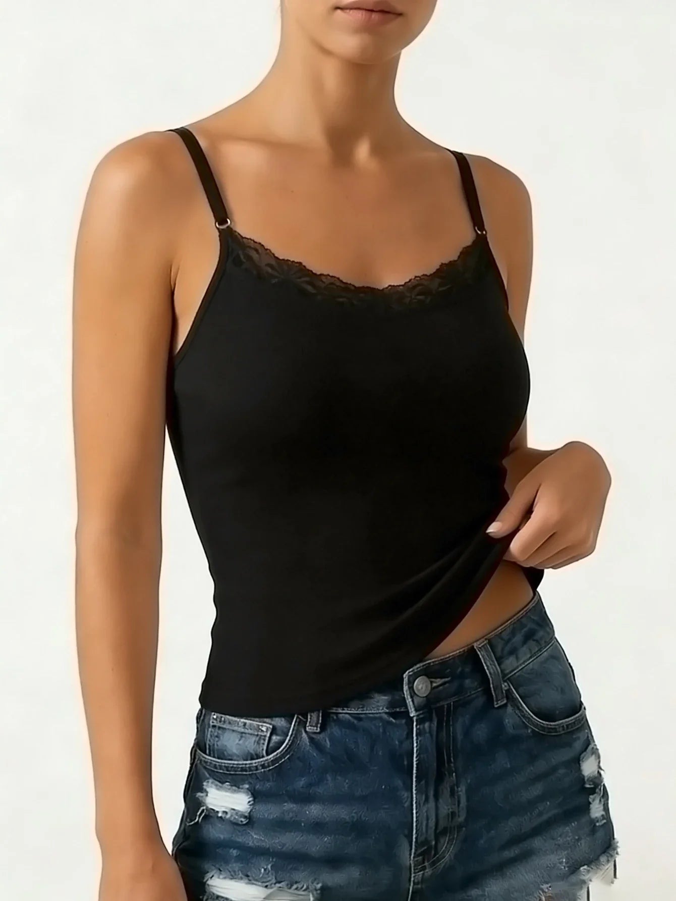 Lace neckline Women Sleeveless Camisole Built-in padding Adjustable thin straps Tank Top Summer Beathable Ladies Vest