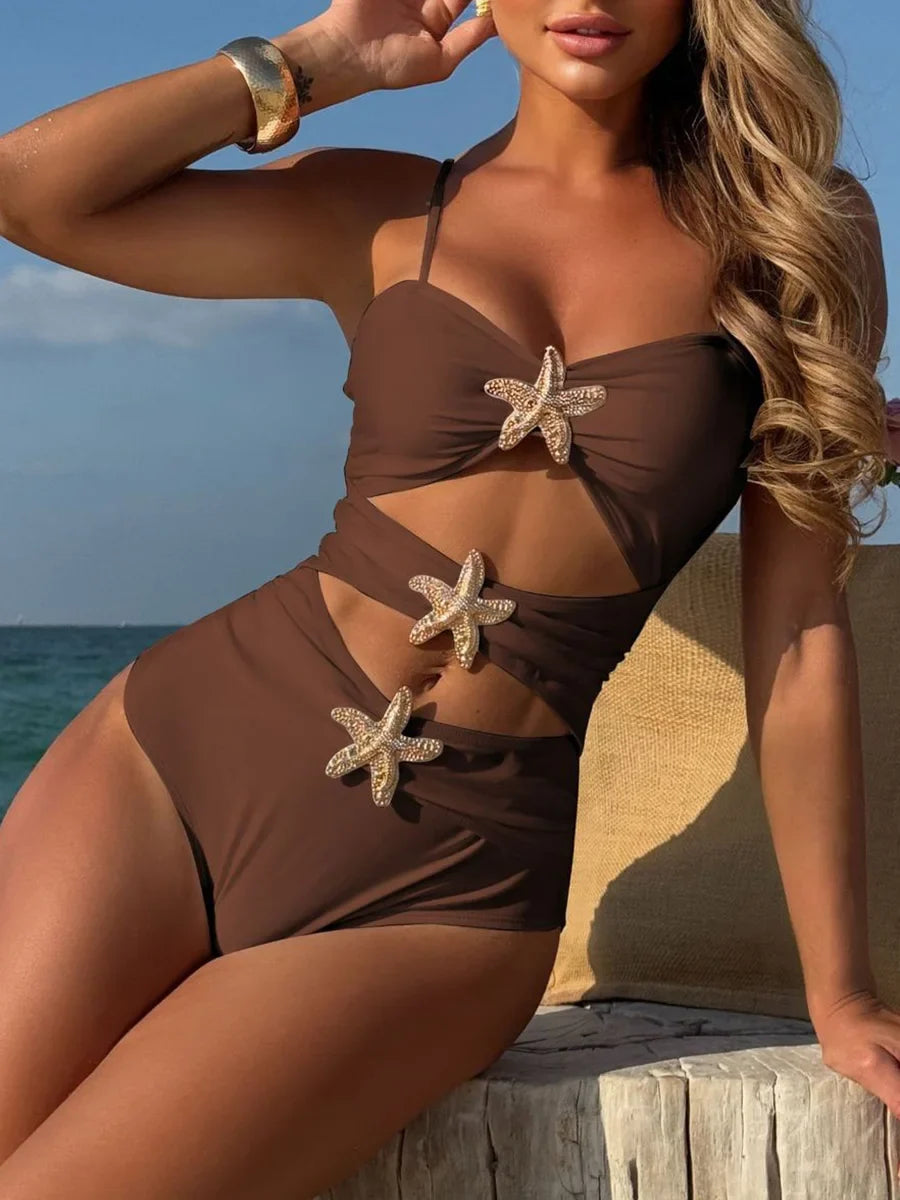 2025 Sexy Cut Out Metal Star Women Swimwear One Piece Swimsuit Female High Leg Cut Monokini Bather Bathing Suit Swim Bodysuit