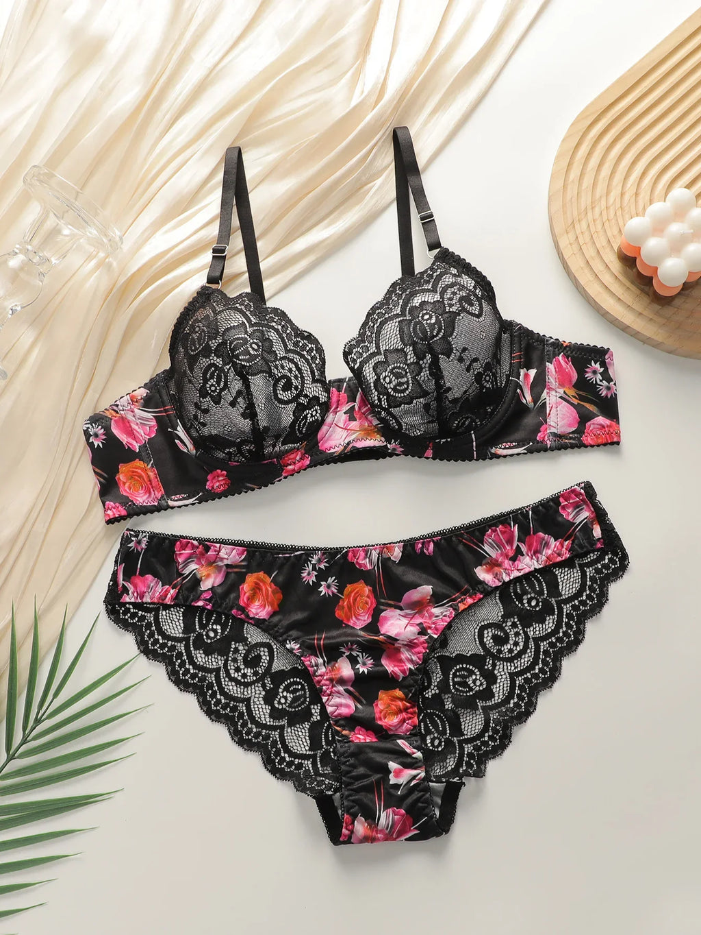 Ultra thin lace printed flower set with steel ring bra, sexy Lingerie women's underwear A3110