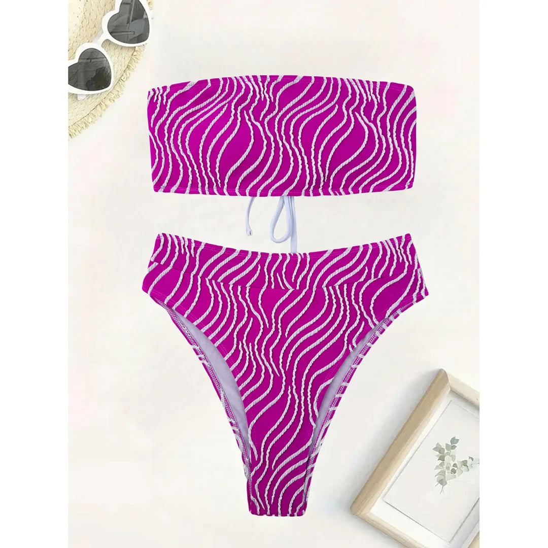 Sexy Wave Striped Bandeau High Waist Bikini Female Swimsuit Women Swimwear Two-Pieces Bikini Set Bather Bathing Suit Swim V5445