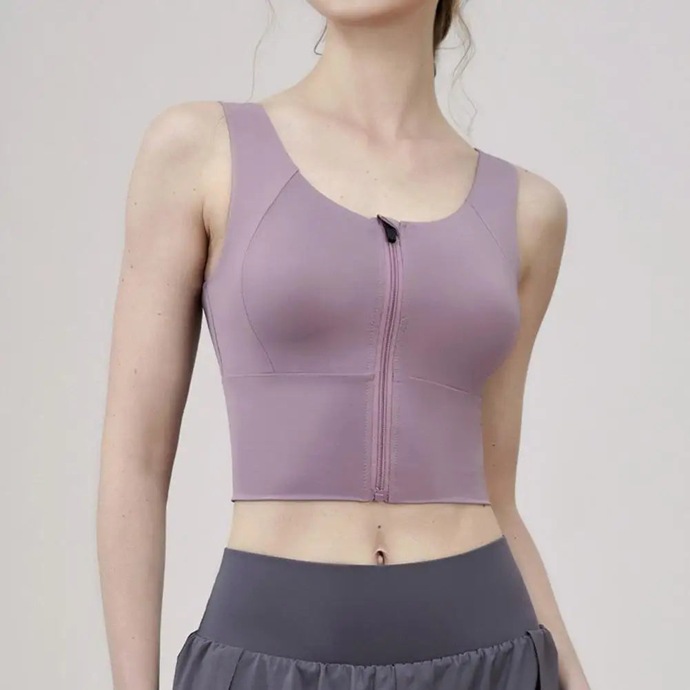 Women Sports Vest Sleeveless Round Neck Zipper Closure Fitness Bra Seamless Fabric Front Zipper Removable Chest Pad Underwear