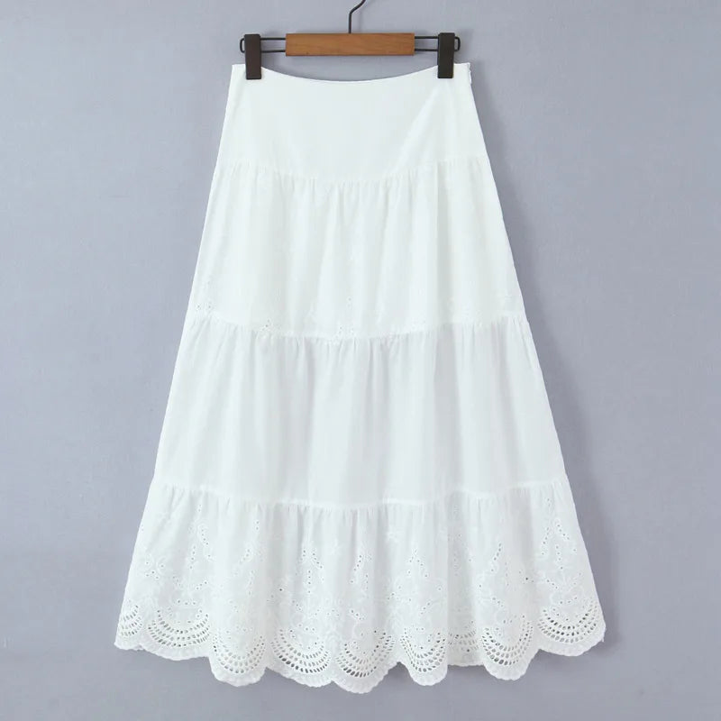 New Style Vacation Casual Long Skirt Half Transparent Lace Trimmed Mesh Splicing Hollow Embroidery Fairy Long Skirt Elegant TGER