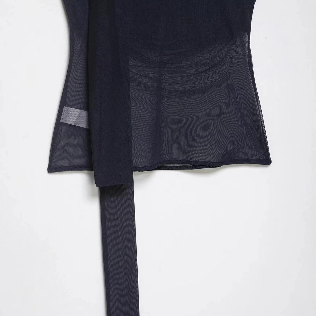 Women's Silk Mesh Scarf Top Women Dark Gray Mesh Halter Neck Sleeveless Top Ruched Front Tie Detail Sheer Casual For Party AFIA