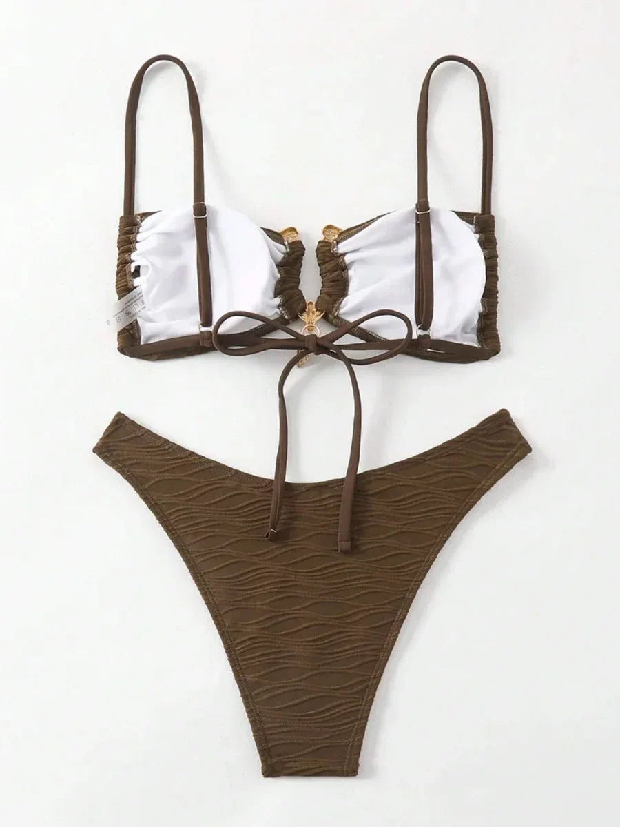 Wrinkled Crinkled Metal Ring Bikini 2025 Women Swimwear Female Swimsuit Two-pieces Bikini Set Bather Bathing Suit Swim Beachwear