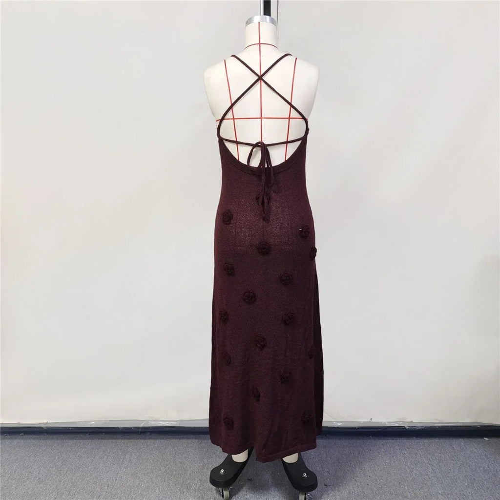 Elegant 3d Flower Knitted Dresses For Women V-neck Backless Sleeveless Lace Up Female Maxi Dress Summer Lady Beach Dress V6211