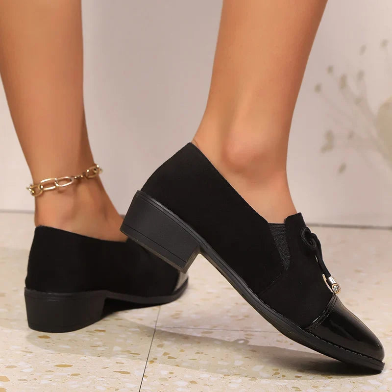Elegant Pointed Toe Oxford Shoes for Women Patchwork Pu Leather Slip On Single Shoes Woman Plus Size 43 Thick Heel Ladies Shoes