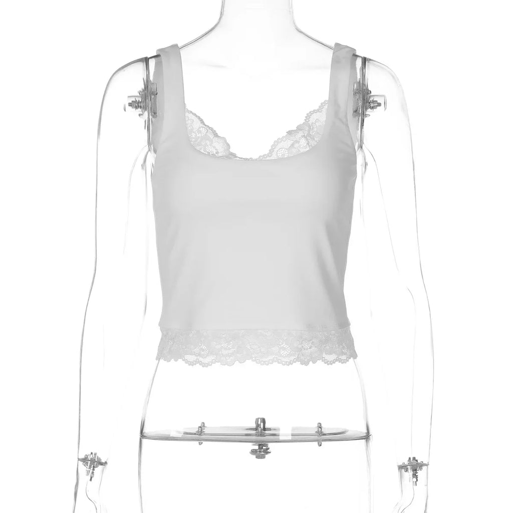 FDYOUI Sexy Lace Patchwork Tank Tops for Women Fashion Sleeveless Backless Cropped T-shirt Black White Y2K Skinny Corset Top