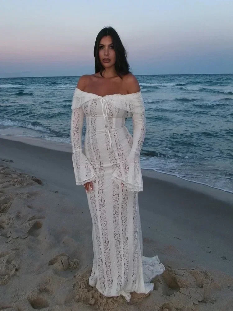 Off Shoulder White Lace Party Dress Flare Sleeve Bowknot Party Maxi Dress Sexy Elegant Summer Bodycon Vestidos Embroidery Robe