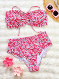 DEKA Ruffles Strapless Lace-Up Bikini Set Floral Pattern Swimsuit Women High Waist Bikini Summer New Swim Bathing Suit