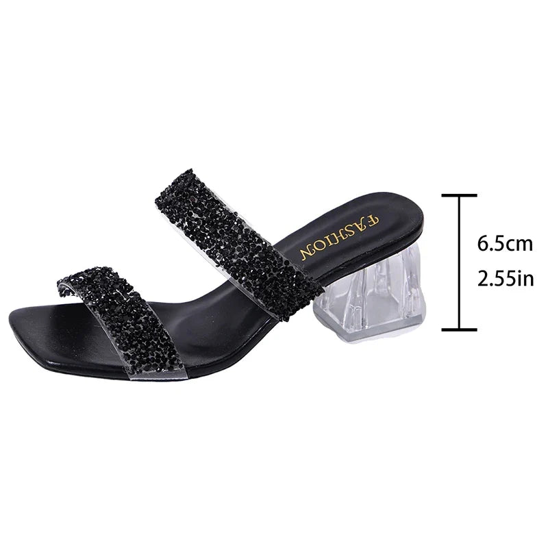 Shiny Sequins High Heels Sandals Women Plus Size 43 Square Toe Transparent Heel Slippers Woman Slip On Gold Crystal Party Shoes