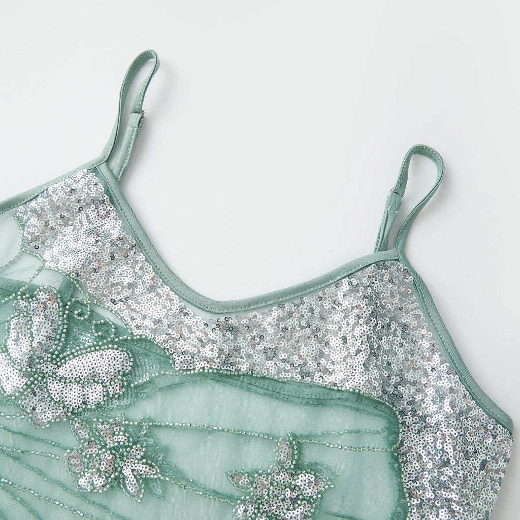 Women Sleeveless Spaghetti Strap Sheer Camisole Fashion Beaded Sequin Butterfly Cami Tops Summer Crop Tops