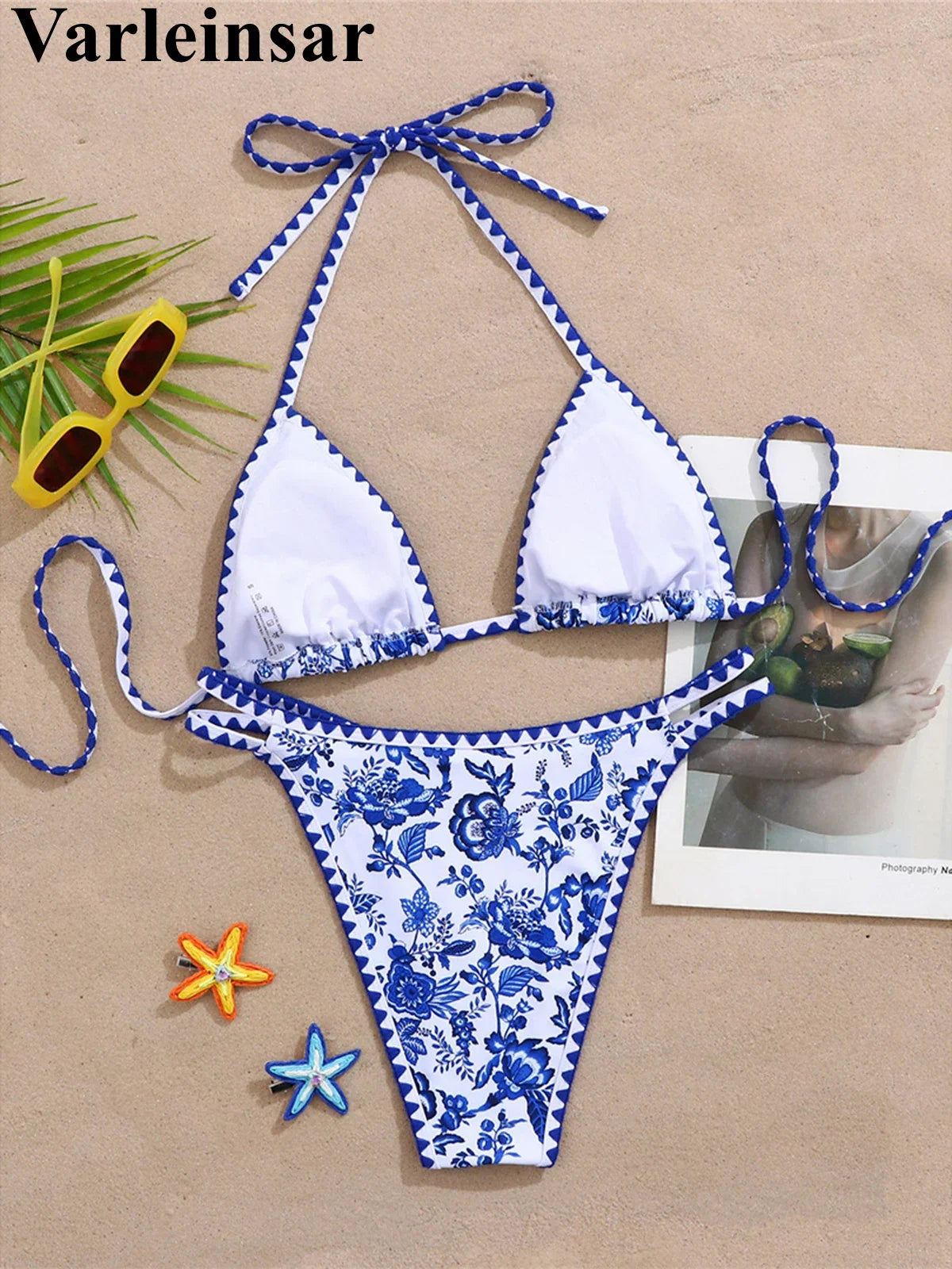 Sexy Flower Printed Halter Bikini Women Swimwear Female Swimsuit Two-Pieces Bikini Set Brazilian Bather Bathing Suit Swim V8203