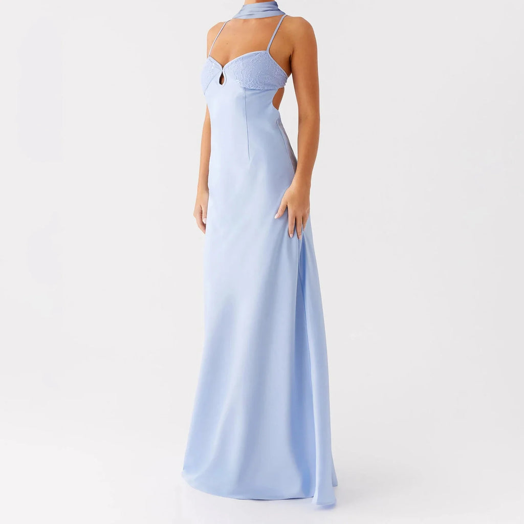 Women Solid Color Sexy Back Bandage Party Club Cami Dress Summer Fashion Sleeveless Spaghetti Strap Long Dresses With Scarf