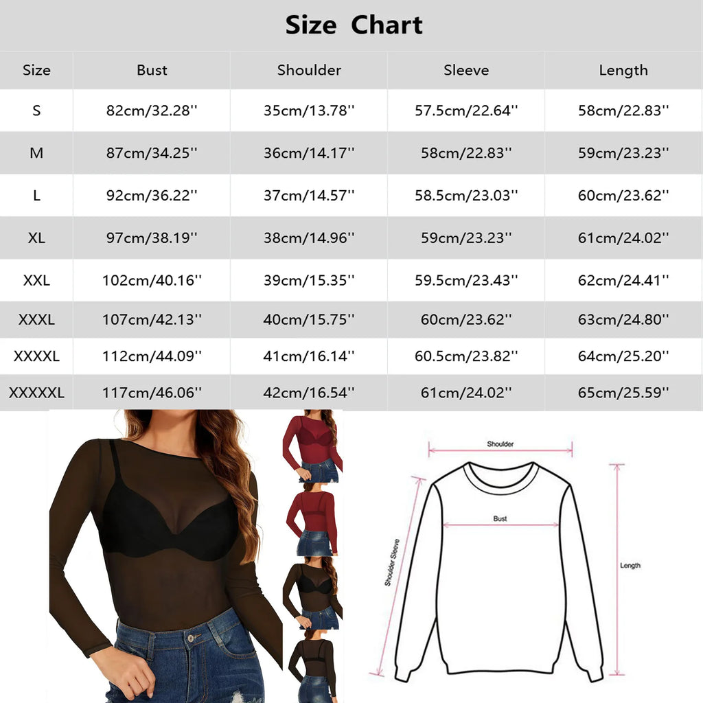 Sexy Women T Shirt See Through Transparent Mesh Tees Long Sleeve Sheer Slim Ladies Solid Round Neck Skinny T-Shirt Lace Crop Top
