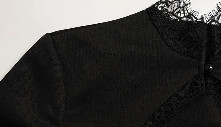 Ahagaga Sexy Women's Mini Dresses Patchwork Short Sleeves Lace Hollow Out Slim Fit Trend Baisc Turtleneck Streetwear Female Robe