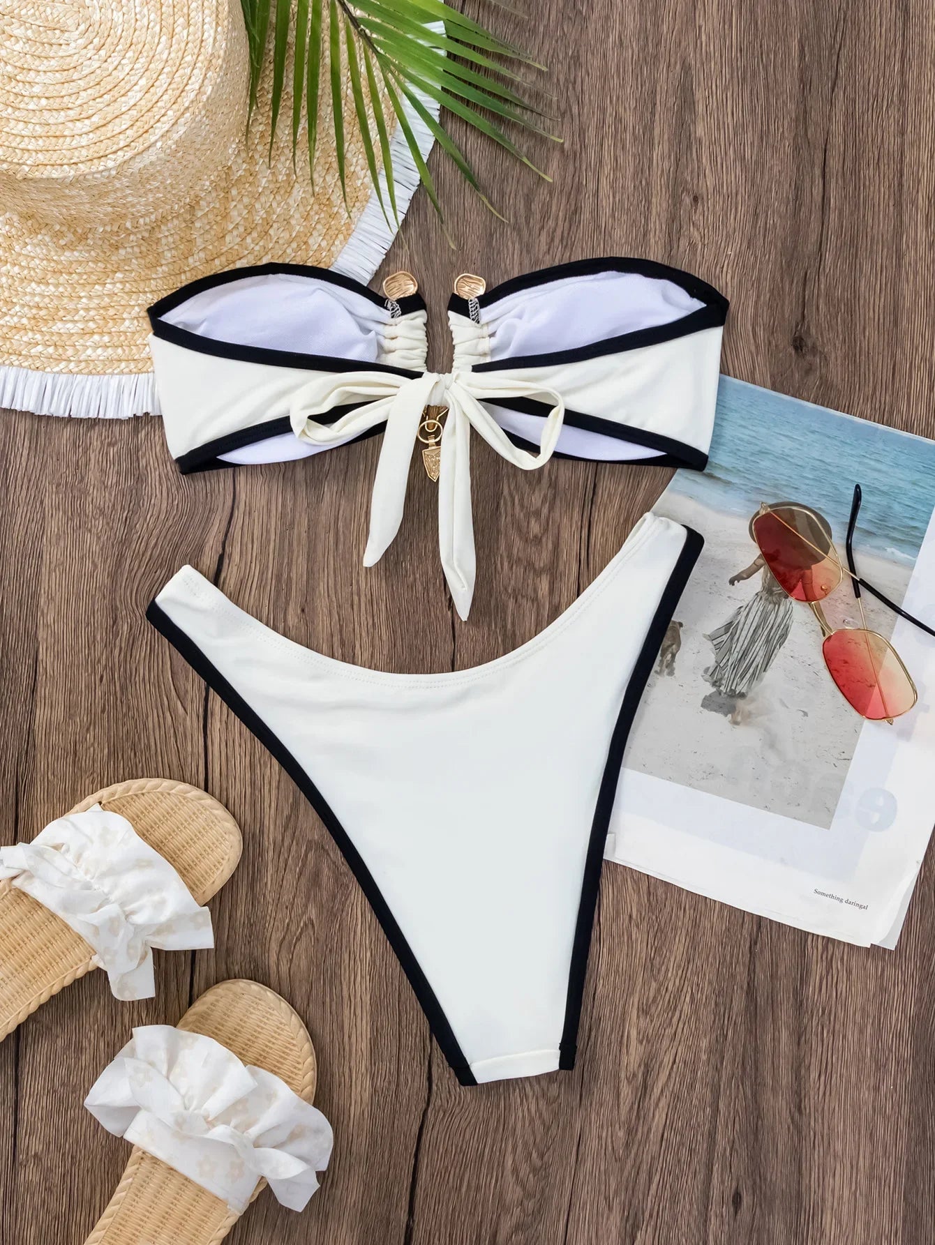 DEKA Solid BandeauU Ring Bikini High Waist Swimsuit Women Tie Side Shiny Metal Hardware Ring Bandeau Swimwear Padded Bra Top