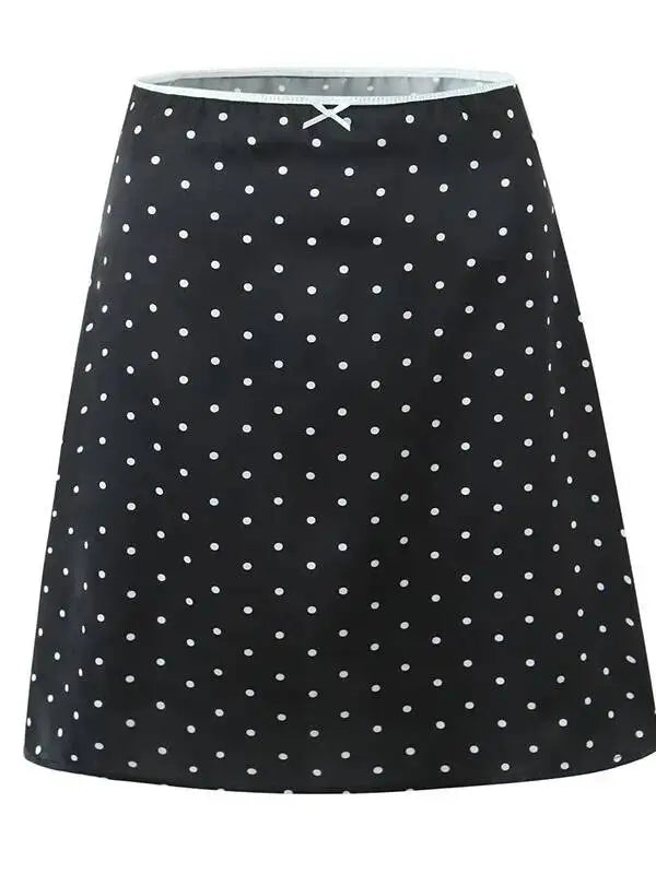 2026 Women Vintage Black White Polka Dot A-line Knee Length Skirt Sexy Low Waist Holiday Summer Skirts Slim Mini Skirts J7L2