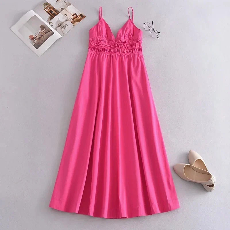 Foridol Elastic Smocking Green Cotton V Neck Summer Women's Dress Sleevless Long Green Maxi Casual Strapy Dress Solid Female