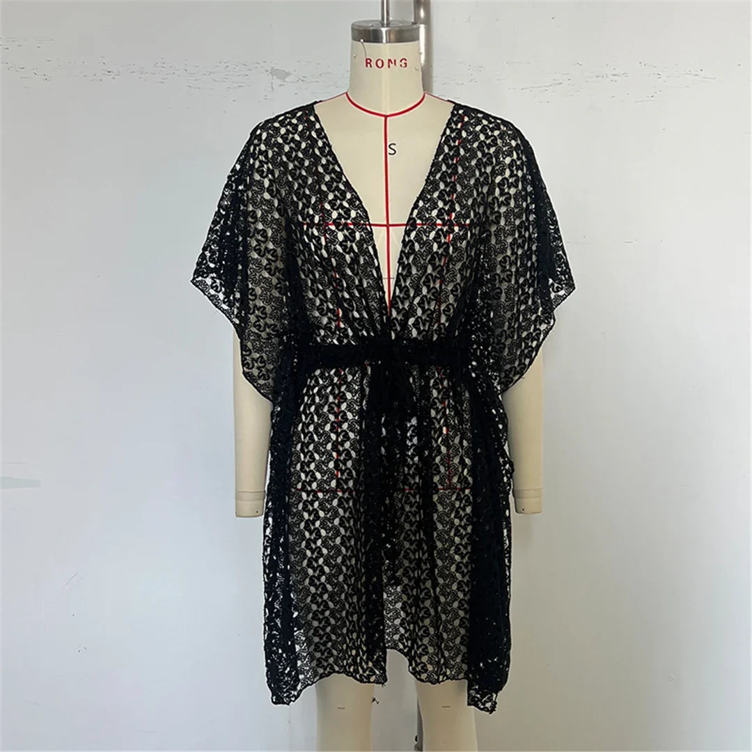 2025 V Neck Short Sleeve Hollow Out Knitted Tunic Beach Cover Up Cover-ups Beach Dress Beach Wear Beachwear Female Women K6535