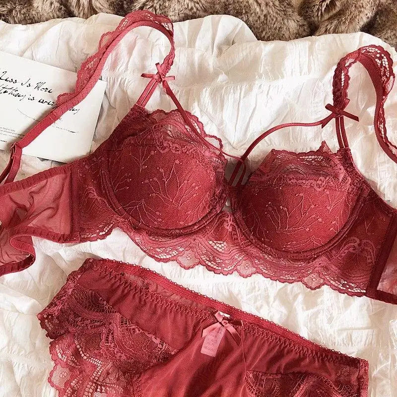 MOYISU French Pure Lace Bralette Petite Bra Set, AABB Cup with Removable Straps & Thin Push Up Pads, Soft Underwire Sexy Women's