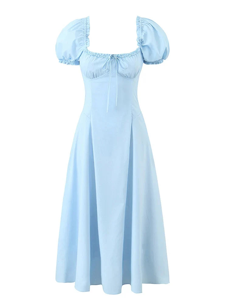 Bowknot Ruffles Light Blue Midi Dress Women's Summer Off Shoulder Short Sleeve Beach Dress Drawstring White A-line Vestidos 2025