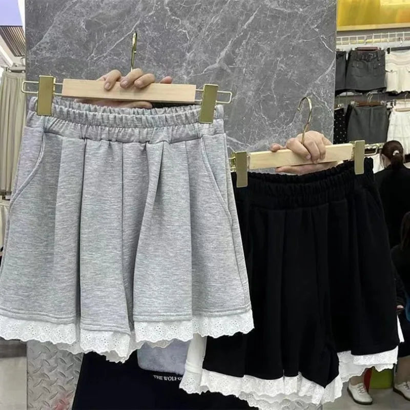 Women's New Losse Pants Grey New Summer Sexy Lace Shorts Fashion Pockets Versatile Casual Streetwear Female Elastic Waist Shorts