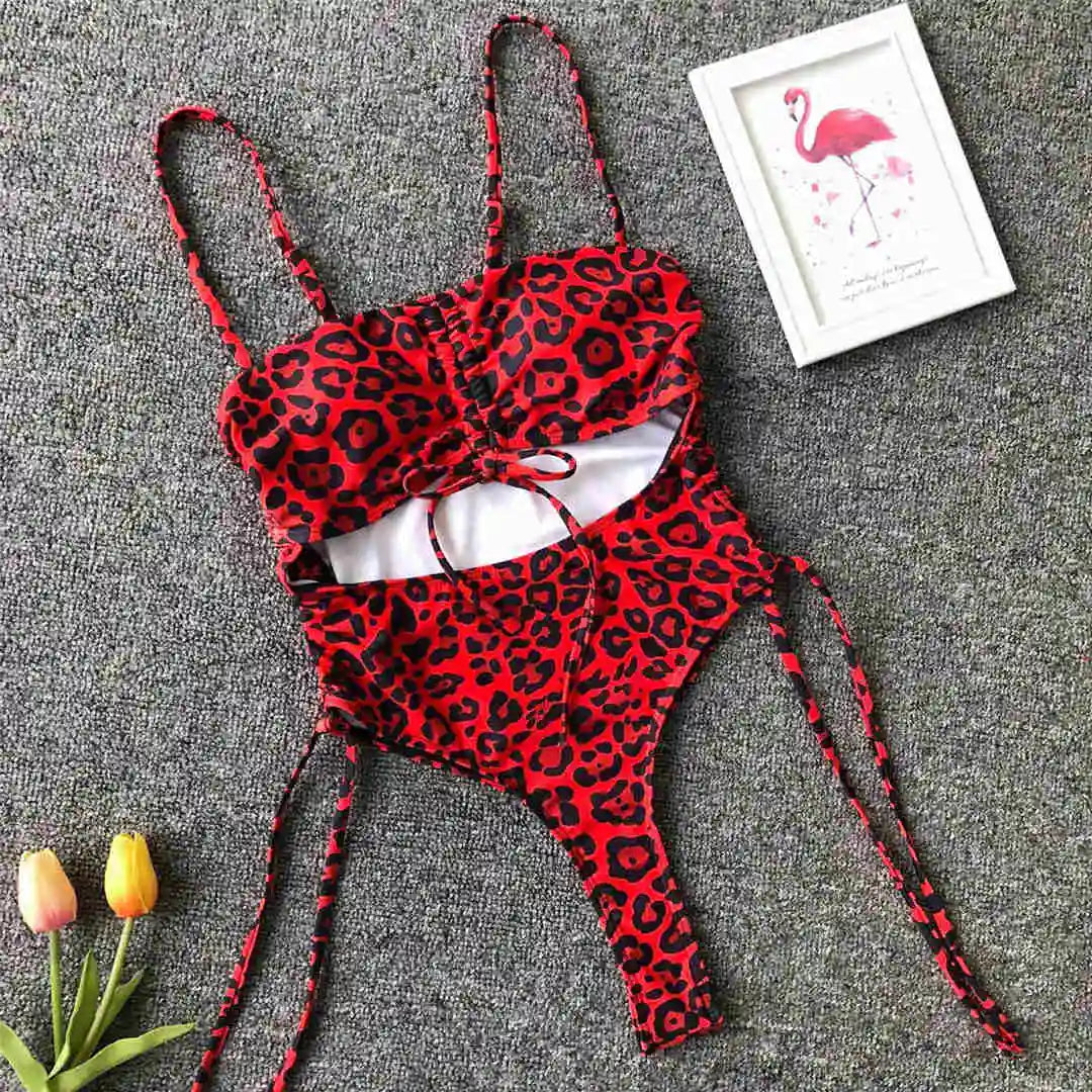 Sexy Lace Up Tummy Cut Out Monokini One Piece Swimsuit Women Swimwear Female Leopard Thong Bather Bathing Suit Swim Wear V1290