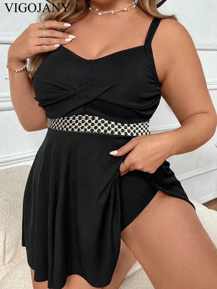 VigoJany 2026 Black Strapped Plus Size Swimwear Women Cross Push Up Large One Piece Swimsuit Backless Summer Chubby Bathing Suit
