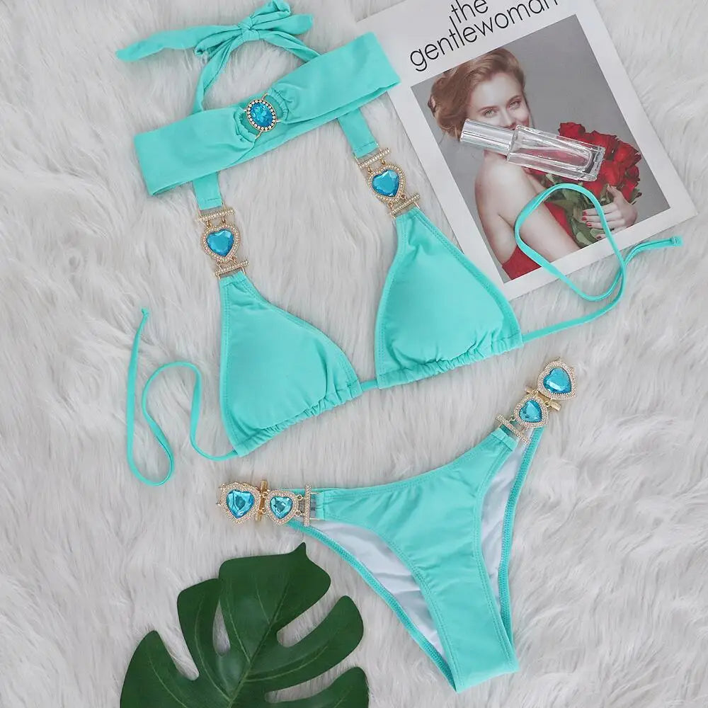 DEKA Rhinestone Love Heart Bikini Set Women Diamond Swimsuit  Crystal Luxury Push Up Metal Thong Swimwear